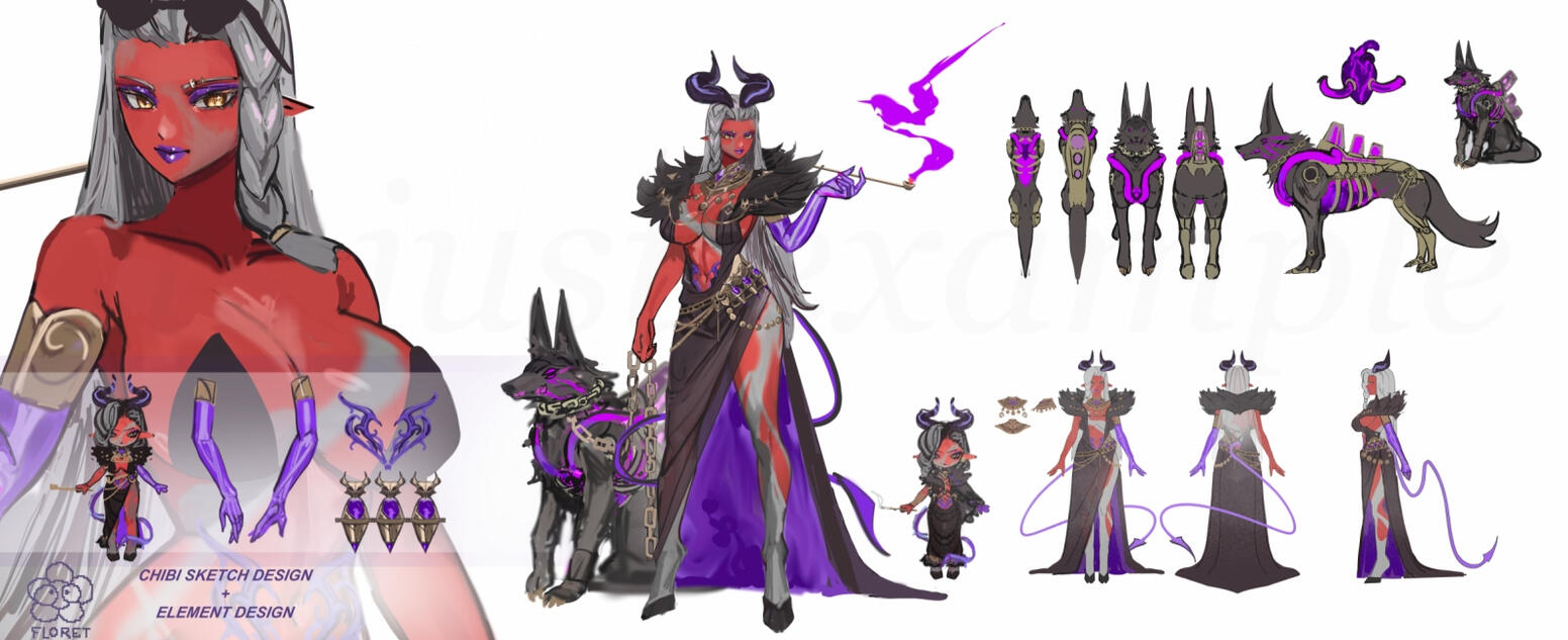 reference list front view + back + side (600$)+ wolf props ref sheet all sides+ props (300$) chibi sketch 45$+ props 80$